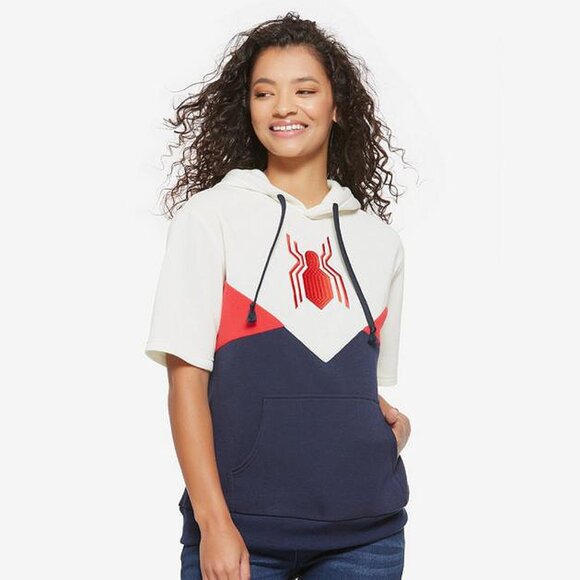 NWT Marvel Spiderman Colorblock Women's Short Sleeve Hoodie Boxlunch Size XL - Picture 1 of 6